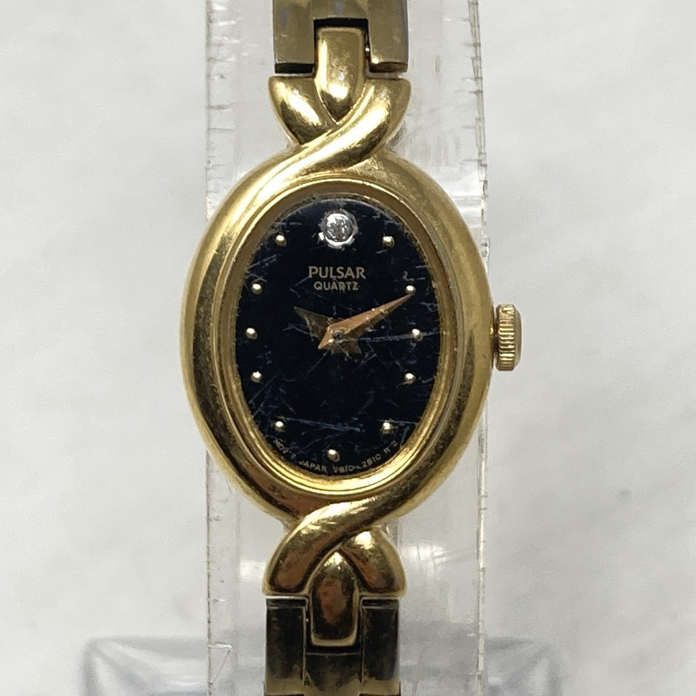 Vintage Pulsar Womens Watch 16mm Gold Tone V810-5860 Black Dial New Battery 7"